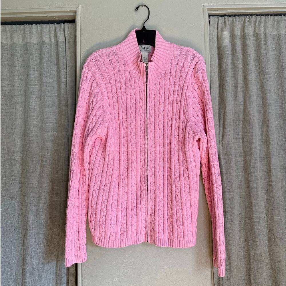 L.L. Bean Cable Knit Pink Cotton Zip Sweater | Casual Comfort | Everyday Layer